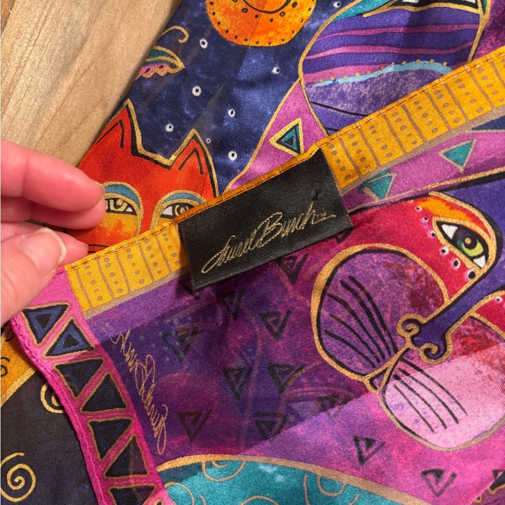 Vintage Laurel Burch Jewel-Tone Cat Print Scarf with Gold Accents 100% Silk - Picture 2 of 5